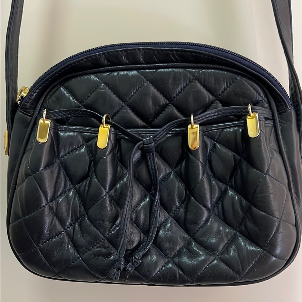 Judith Leiber Navy Blue Quilted Crossbody Bag with Diamond Pattern Kid Leather - Picture 3 of 7
